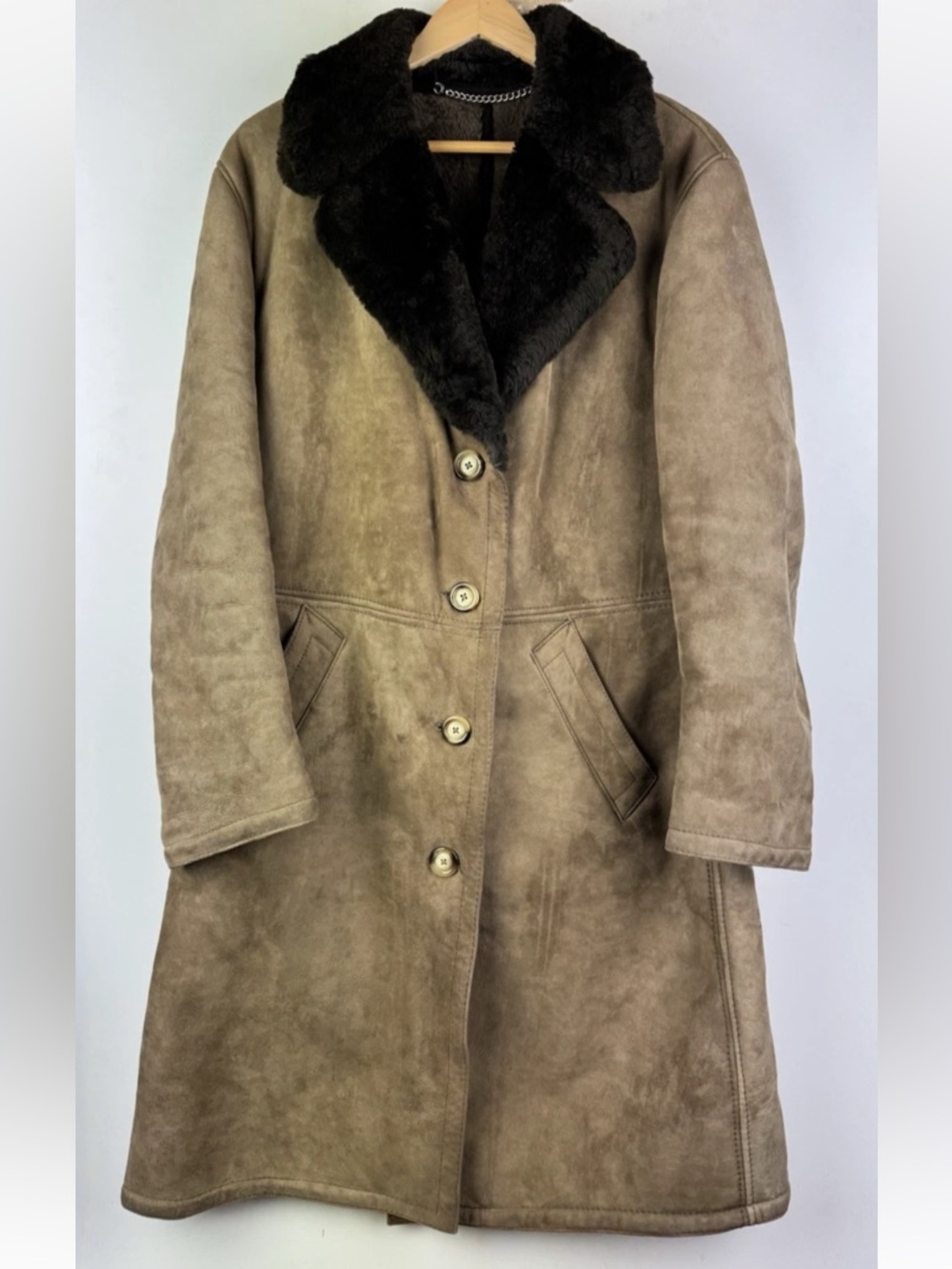 Real Shearling sheepskin Long Coat with Black Fur Collar